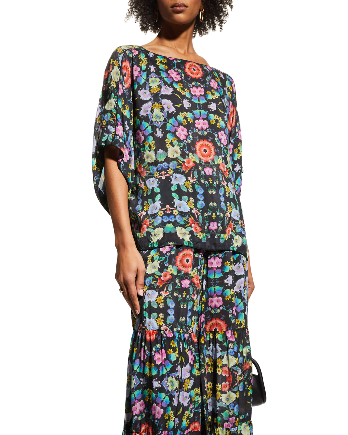 Hannah Bateau Neck Top with Corset Seam Details / Black Floral Cotton