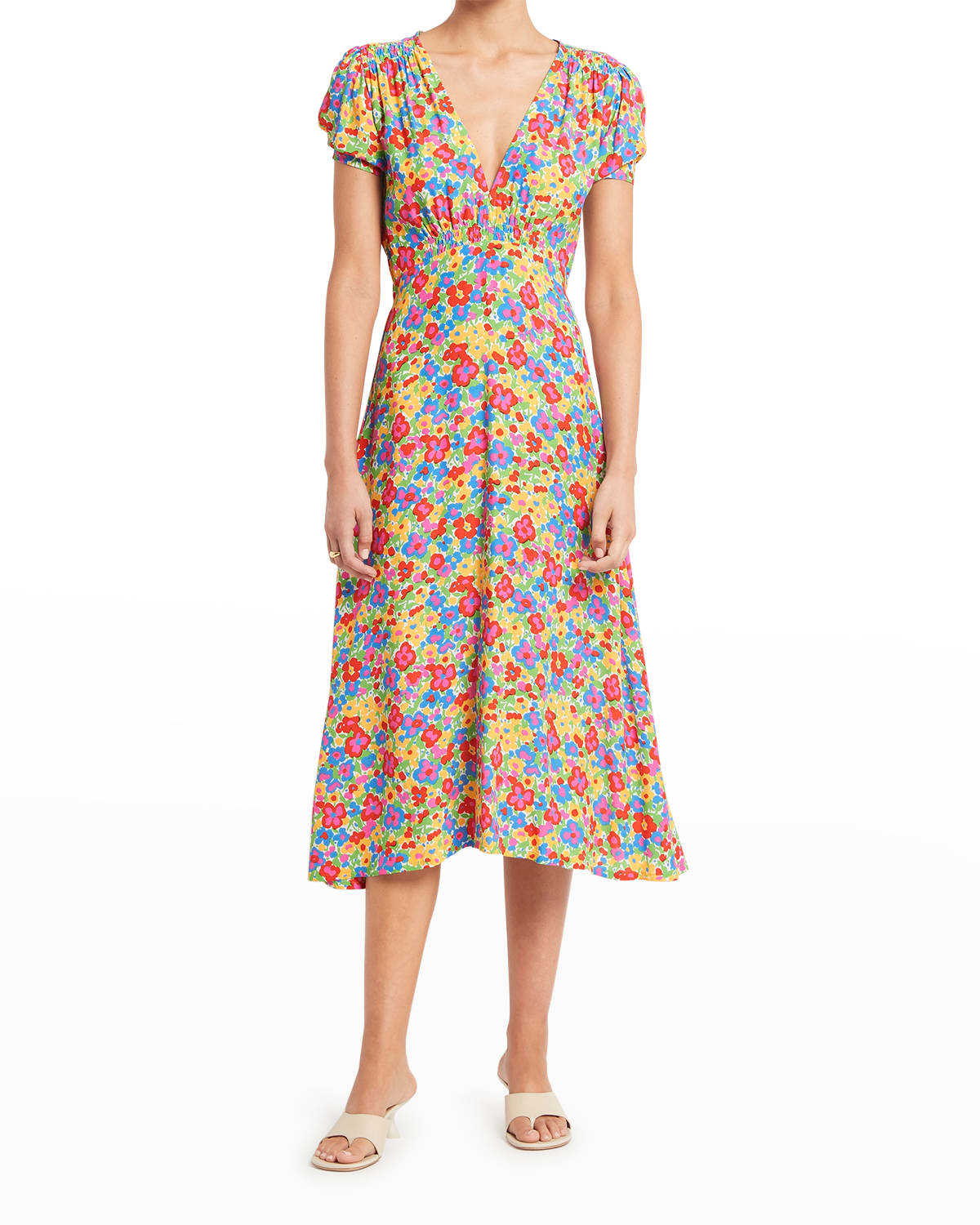 mid pink textured shirred frill puff sleeve midi dress