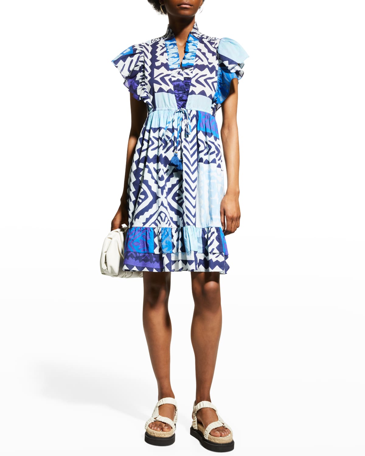 Plunging V Denim Mesh Panel Zip-Up Dress