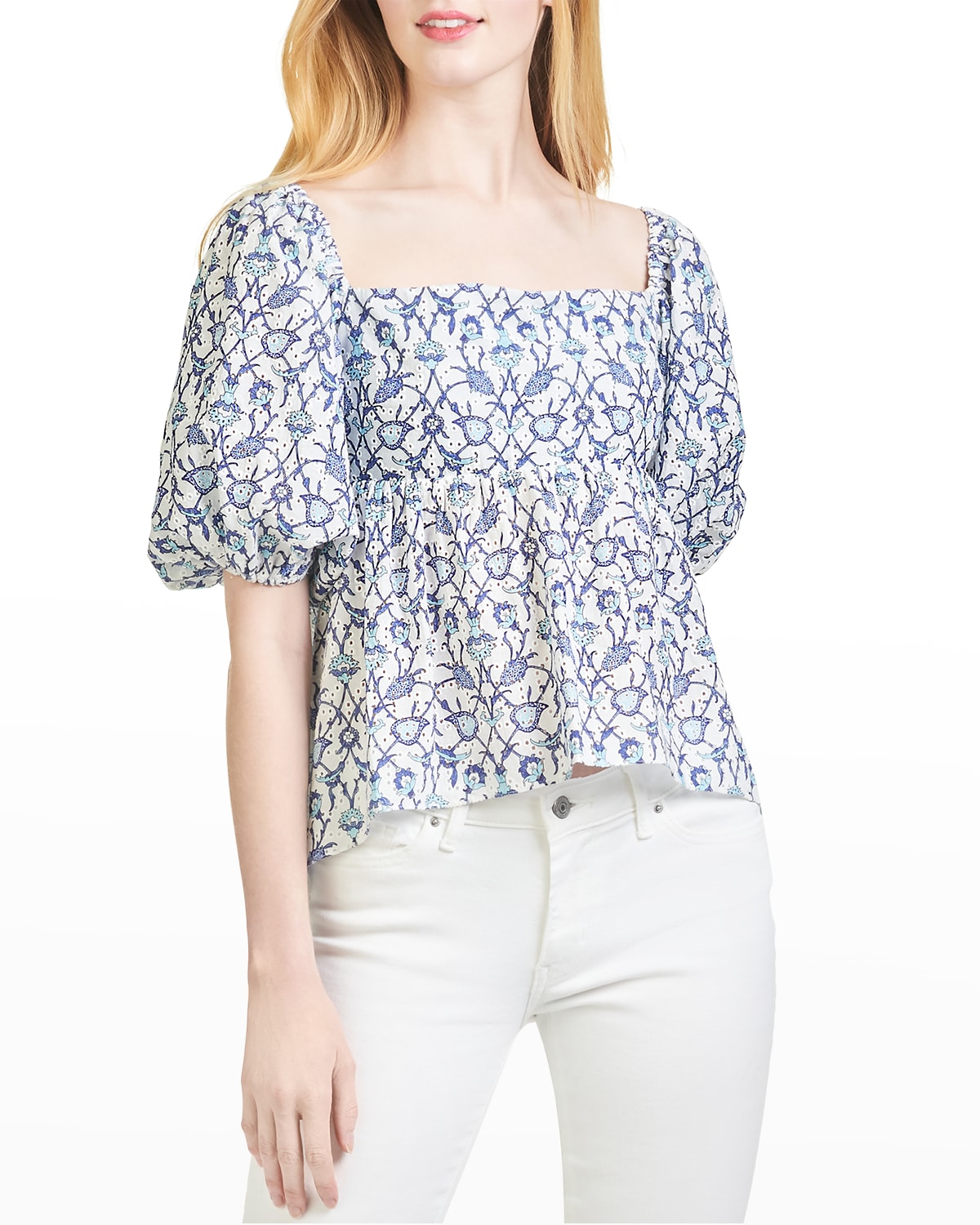 SANCTUARY Womens Eyelet Floral 3/4 Sleeve Jewel Neck Wear To Work Top