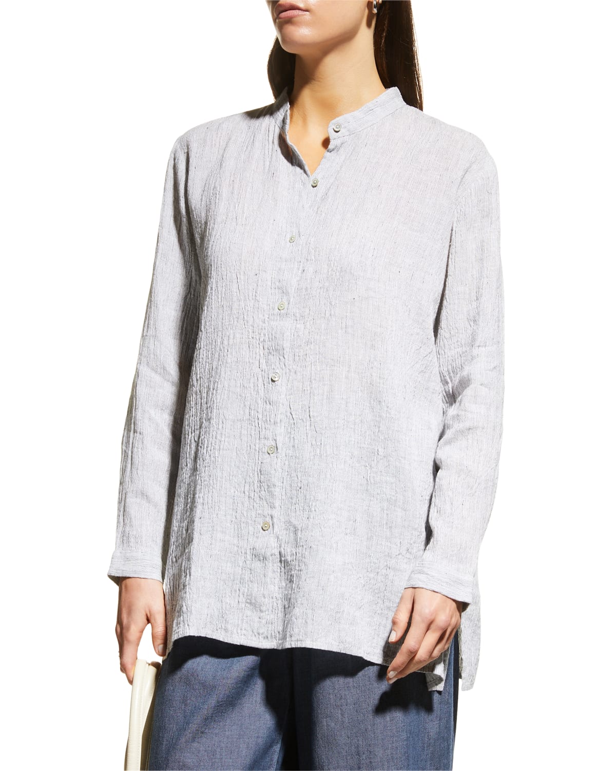 Brown Cotton Flax Mandarin Collar Yoked Top