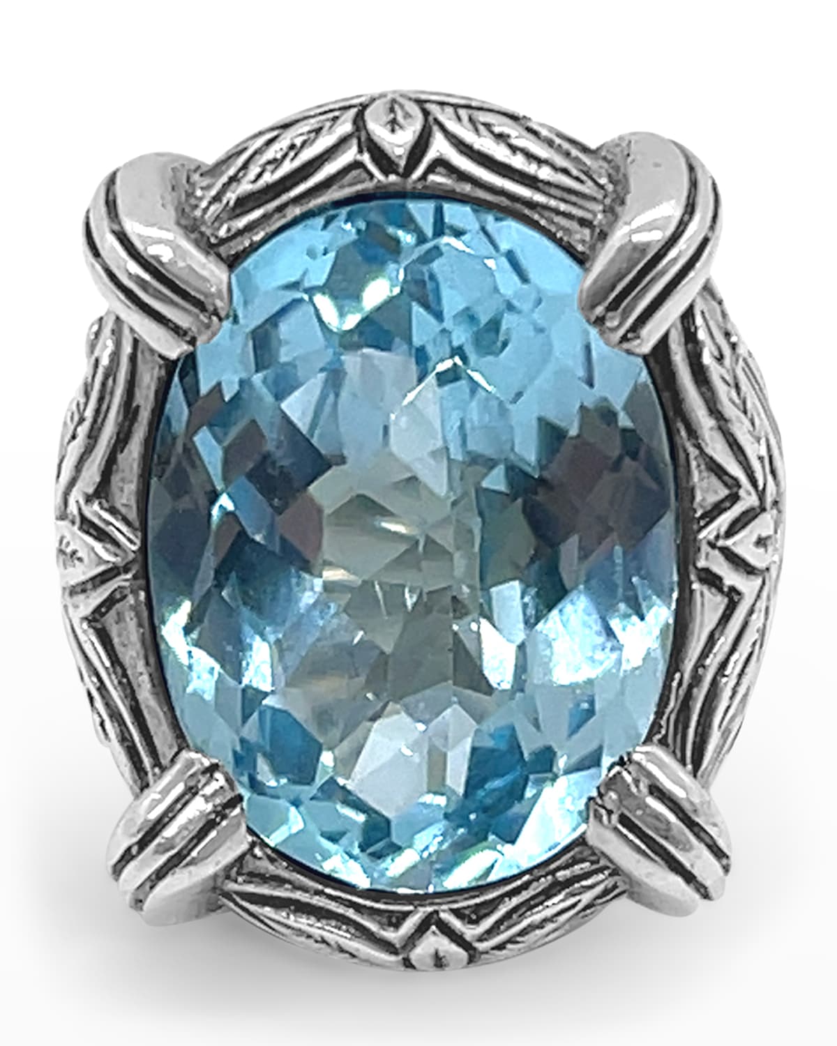 Stephen Dweck Faceted Blue Topaz Ring in Engraved Sterling Silver