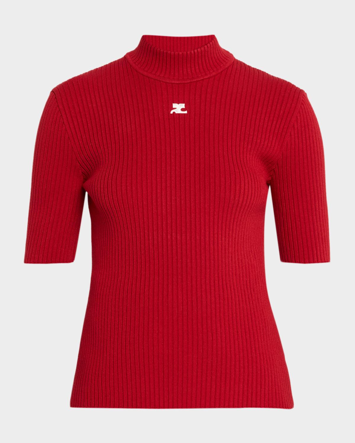 Courreges Mock-Neck Short-Sleeve Rib Pullover
