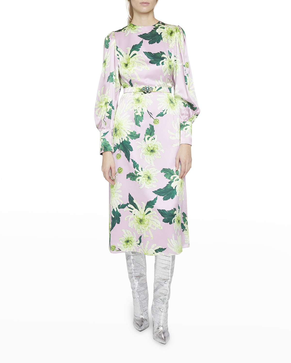 mid pink textured shirred frill puff sleeve midi dress