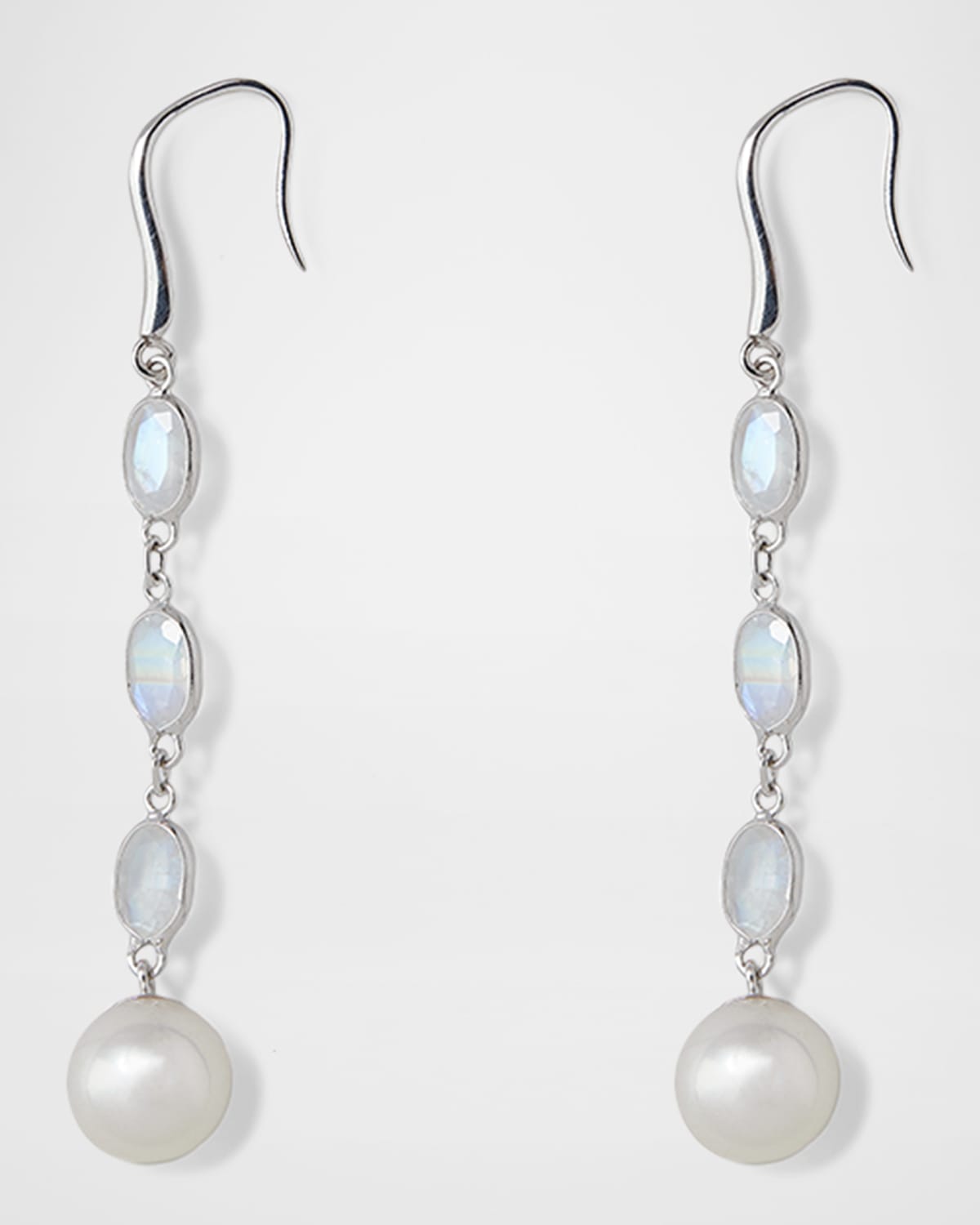 Pearls By Shari 18K White Gold Oval Moonstone and 8mm Akoya Pearl Drop Earrings