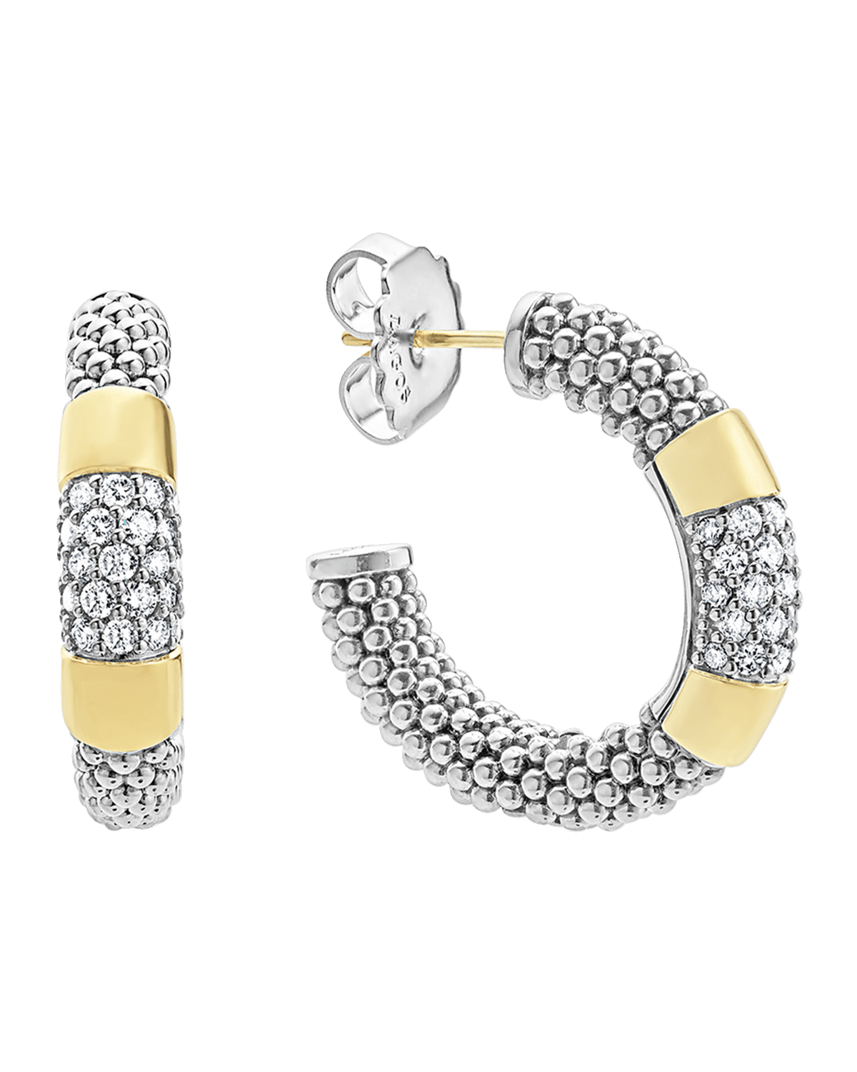 LAGOS Diamond Hoop Earrings with Smooth 18K Gold and Classic Sterling Silver Caviar Beading