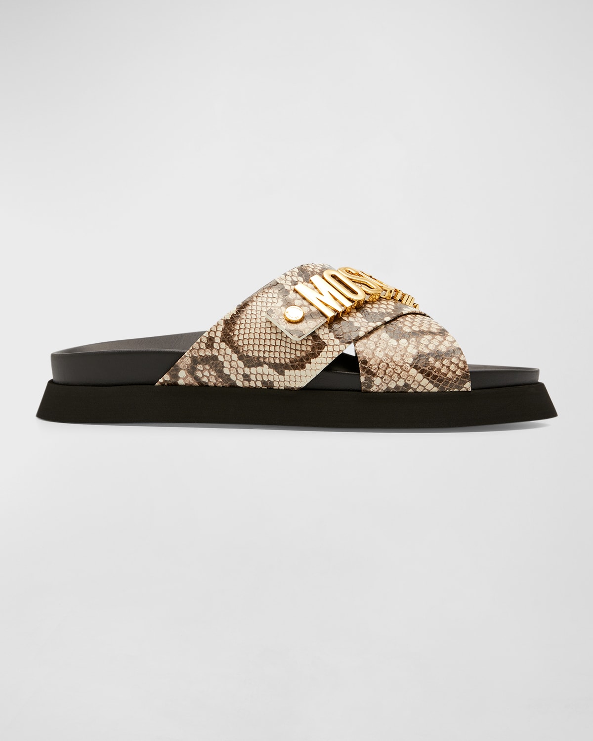 Moschino Men's Crisscross Snake-Print Leather Slides