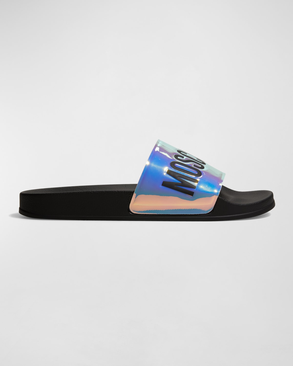 Moschino Men's Oil-Slick Logo Rubber Pool Slides