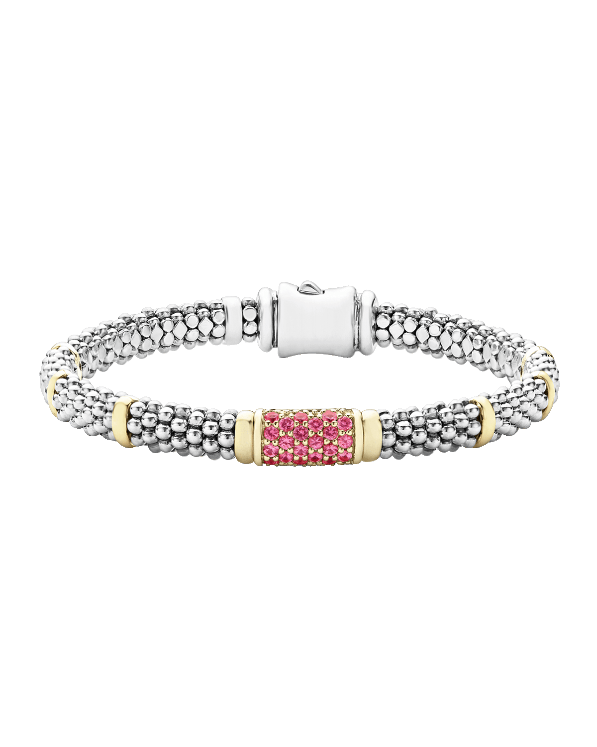 LAGOS 18K Gold Stations on Sterling Silver Caviar Bead Bracelet with Pink Sapphires. 6mm