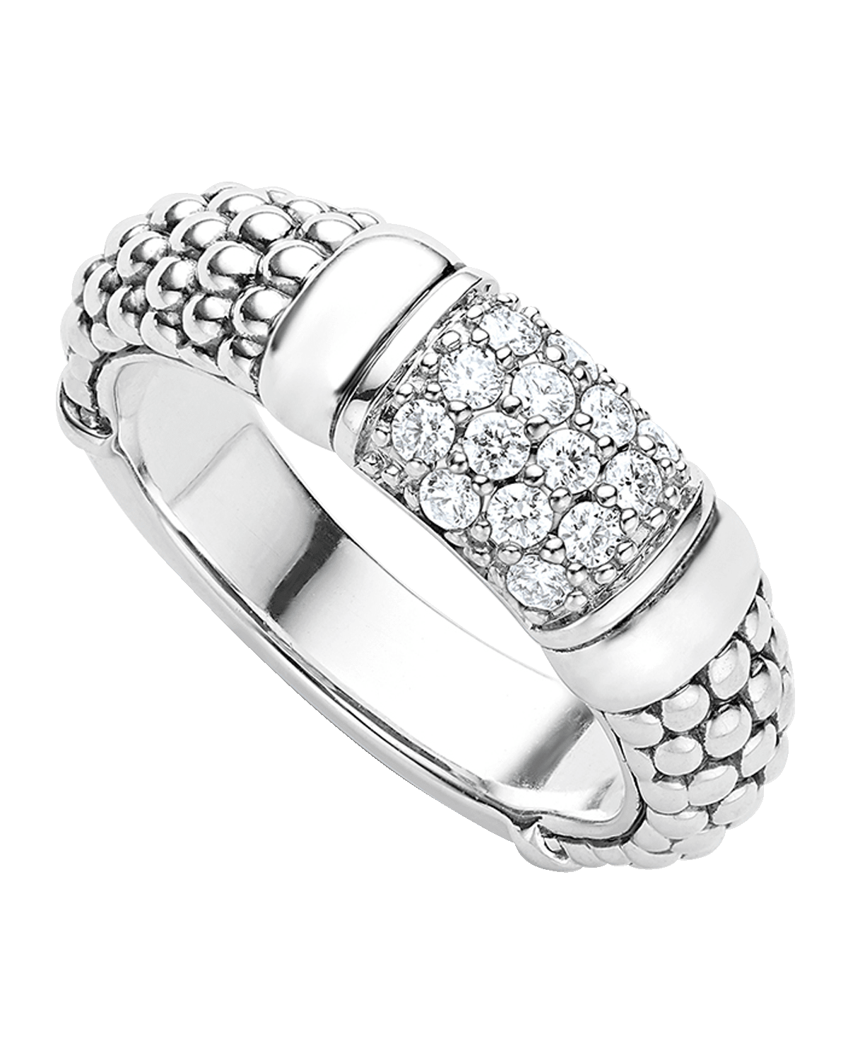 LAGOS Pavé Diamond and Sterling Silver Caviar Bead 6mm Band Ring