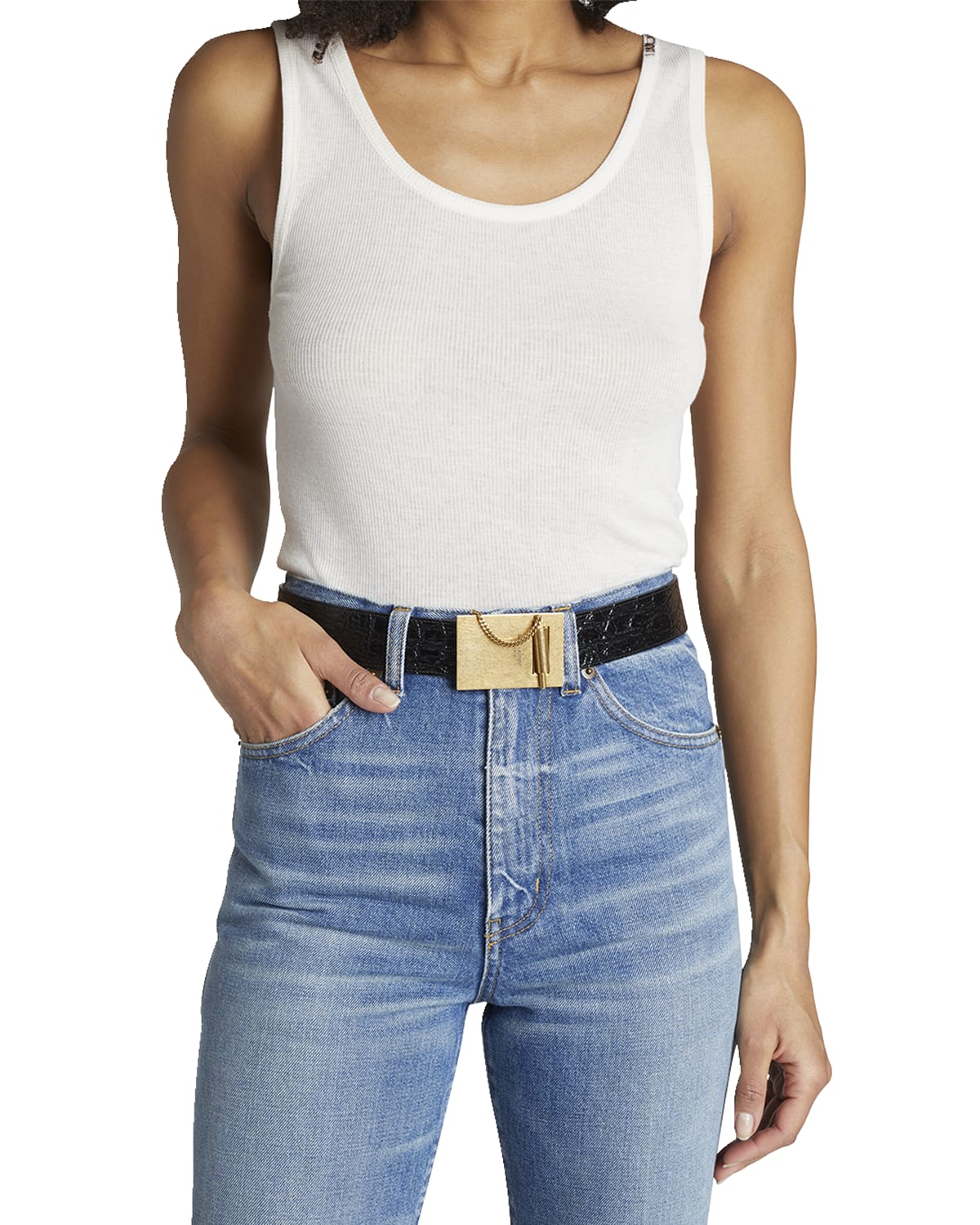 Saint Laurent Moc-Croc Embossed Locked Chain Leather Belt