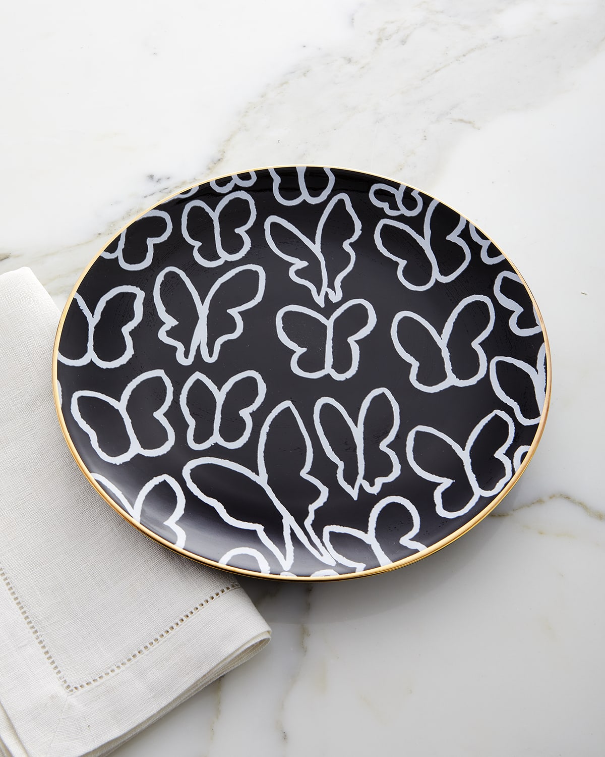 Hunt Slonem Butterfly Dinner Plate with Gold Rim - Black