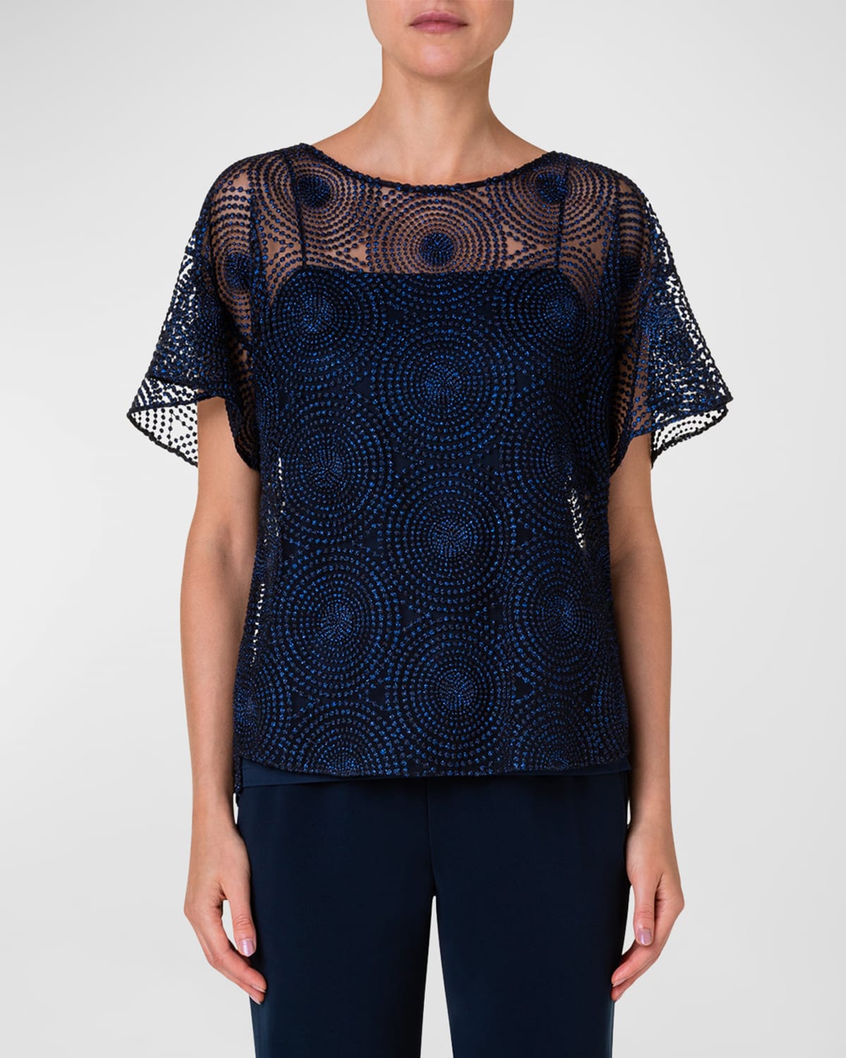 Stretch Tulle Blouse with Embroidered Detail and Illusion Neckline