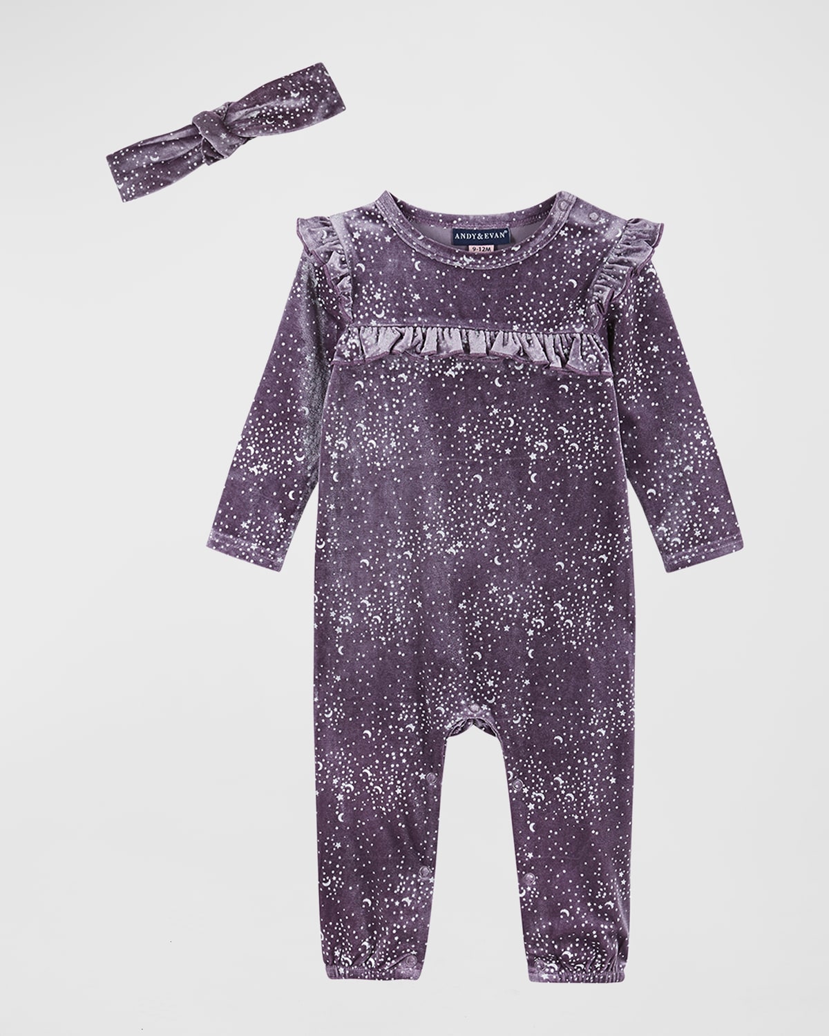 Andy & Evan Girl's Moon And Stars-Print Coverall W/ Headband, Size Newborn-24M