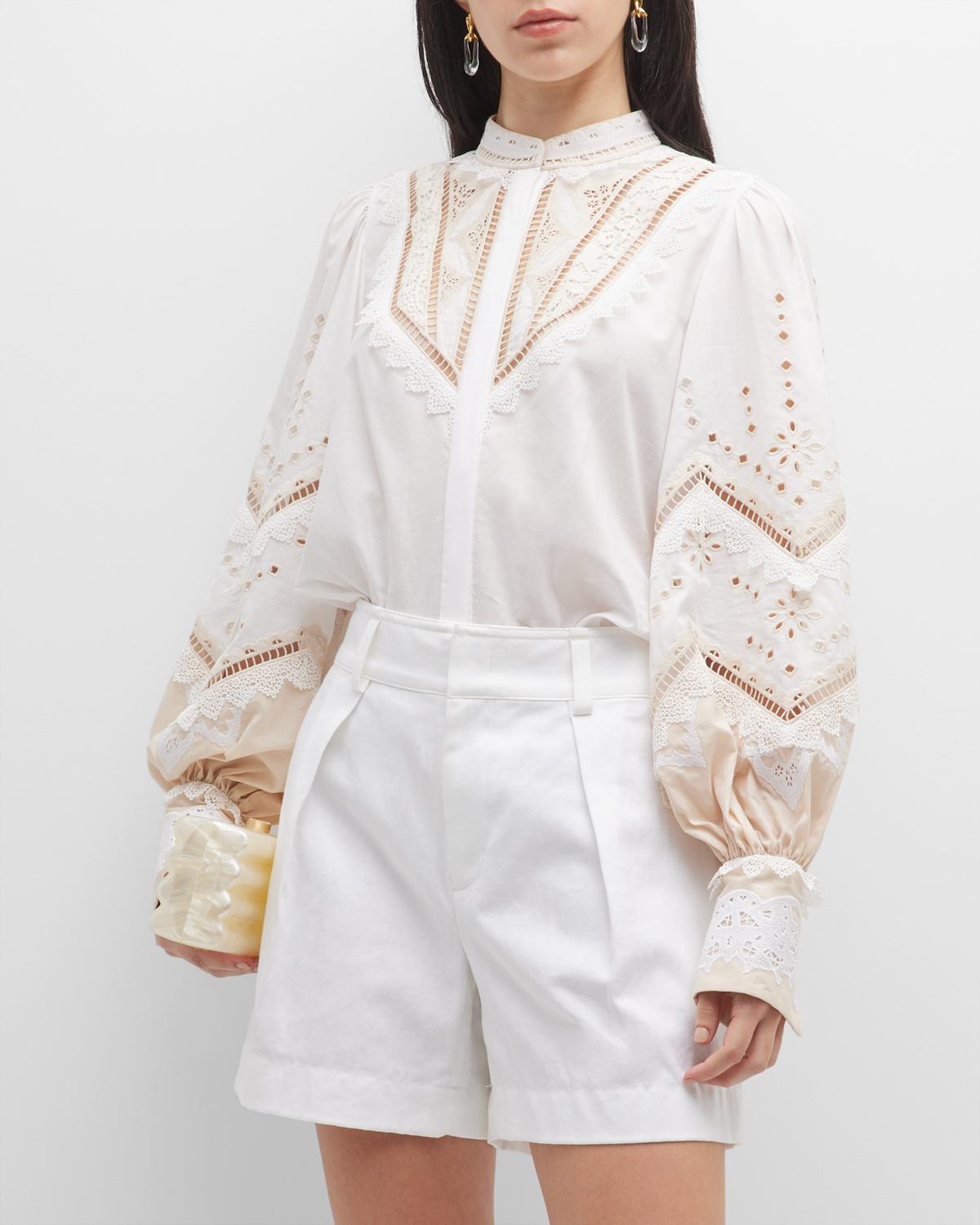 EMBROIDERED YOKE DETAIL LACE TRIM FRONT TIE BLOUSE
