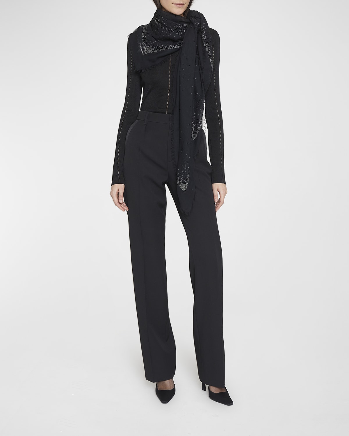 Saint Laurent Dotted Cashmere-Blend Fringe Scarf