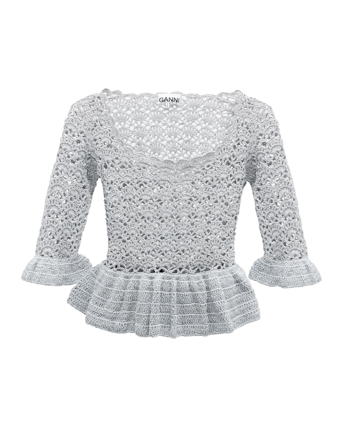 Ganni Macrame Square-Neck Peplum Top