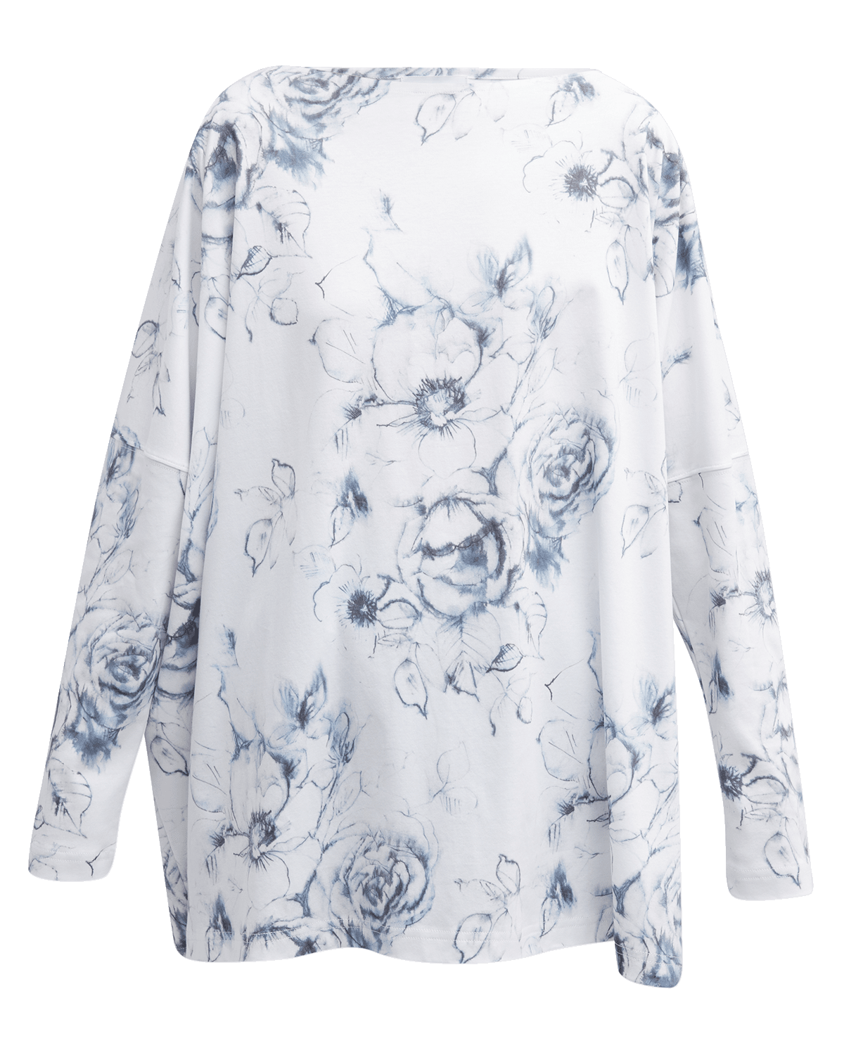 Eskandar Long Floral-Print T-Shirt with Slash Neck