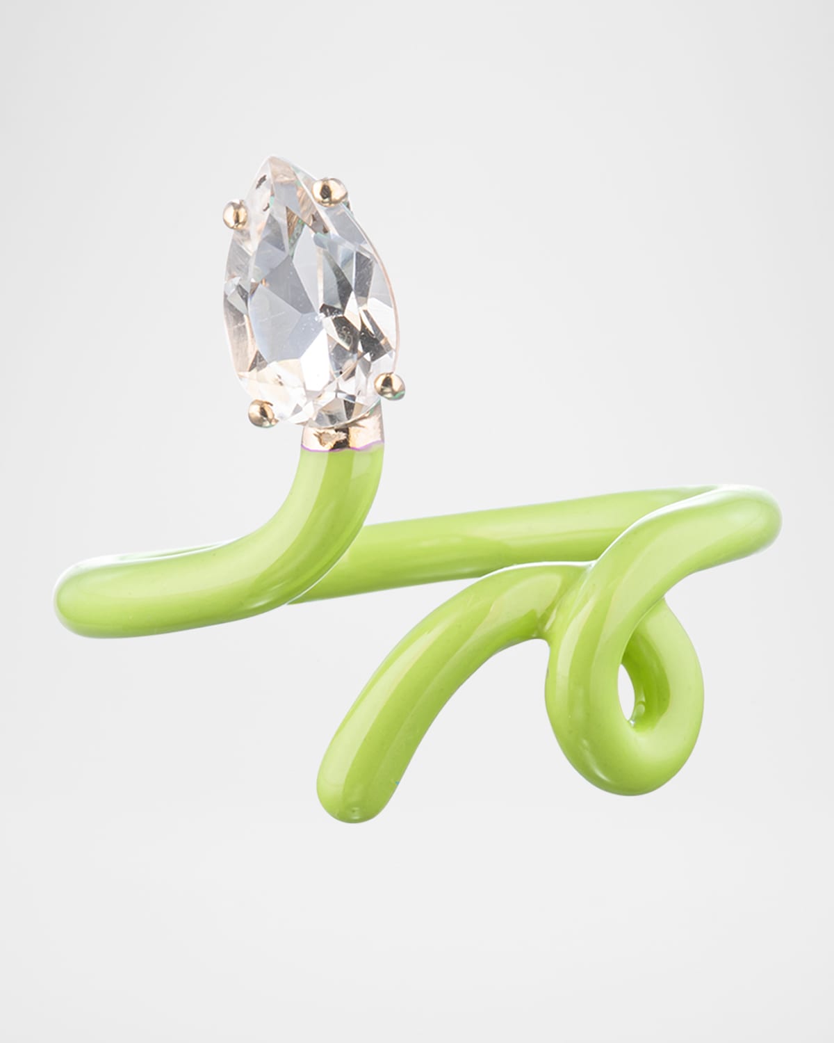 Bea Bongiasca Baby Vine Tendril Statement Ring with Lime Green Enamel and Rock Crystal