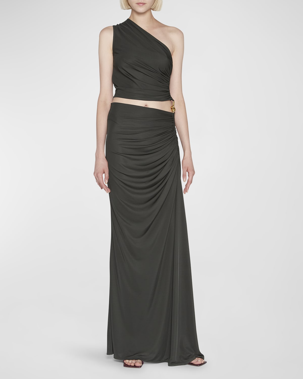 Bottega Veneta Ruched One-Shoulder Gown with Knot Detail