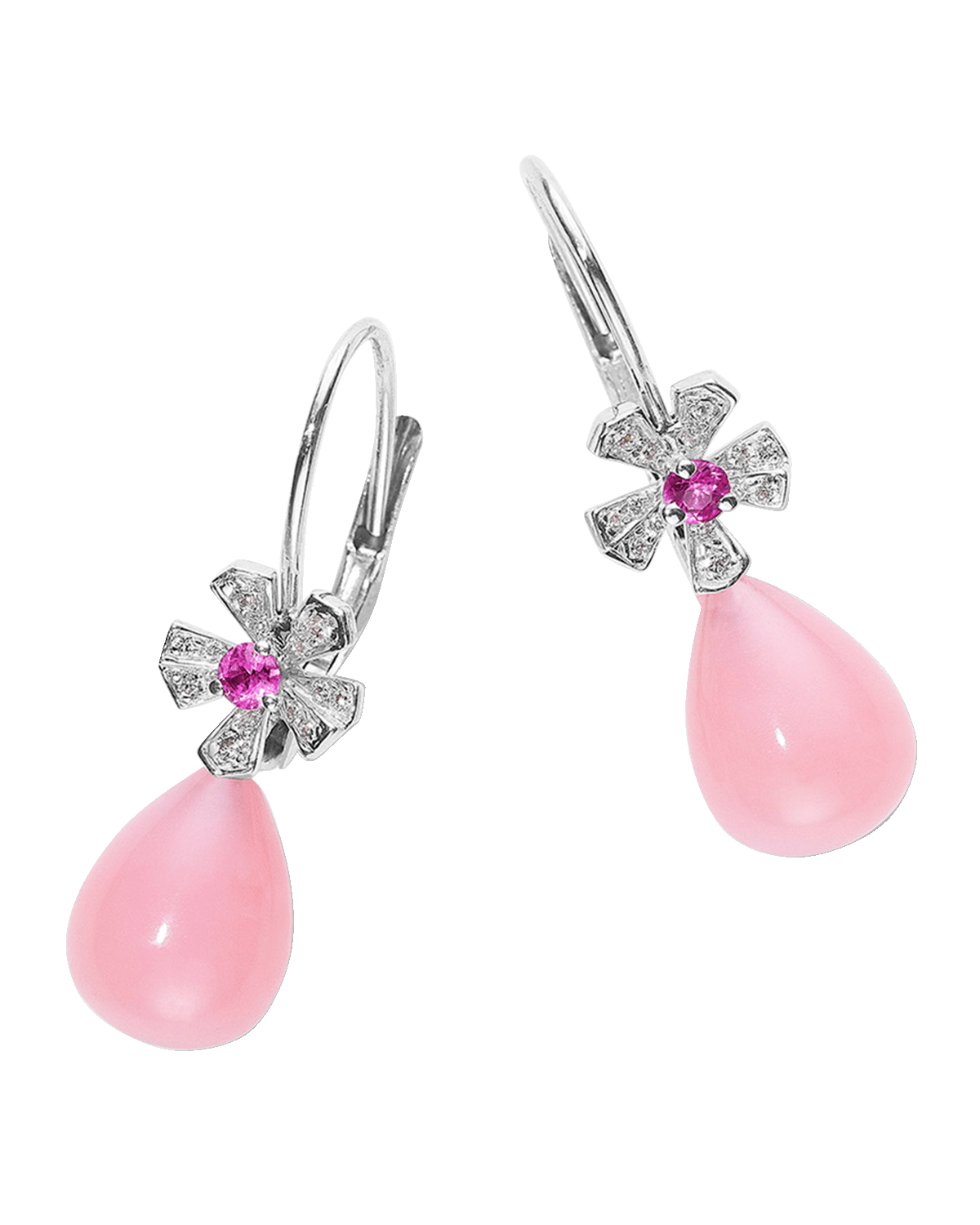 Mimi So 18K White Gold Diamond and Sapphire Flower Earrings with Pink Opal Drops