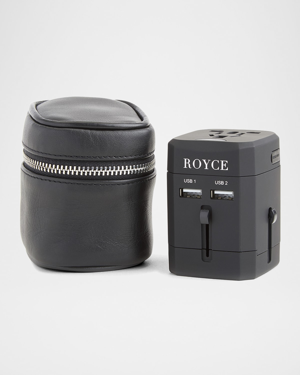ROYCE New York International Travel Adapter & Monogrammed Leather Case Set