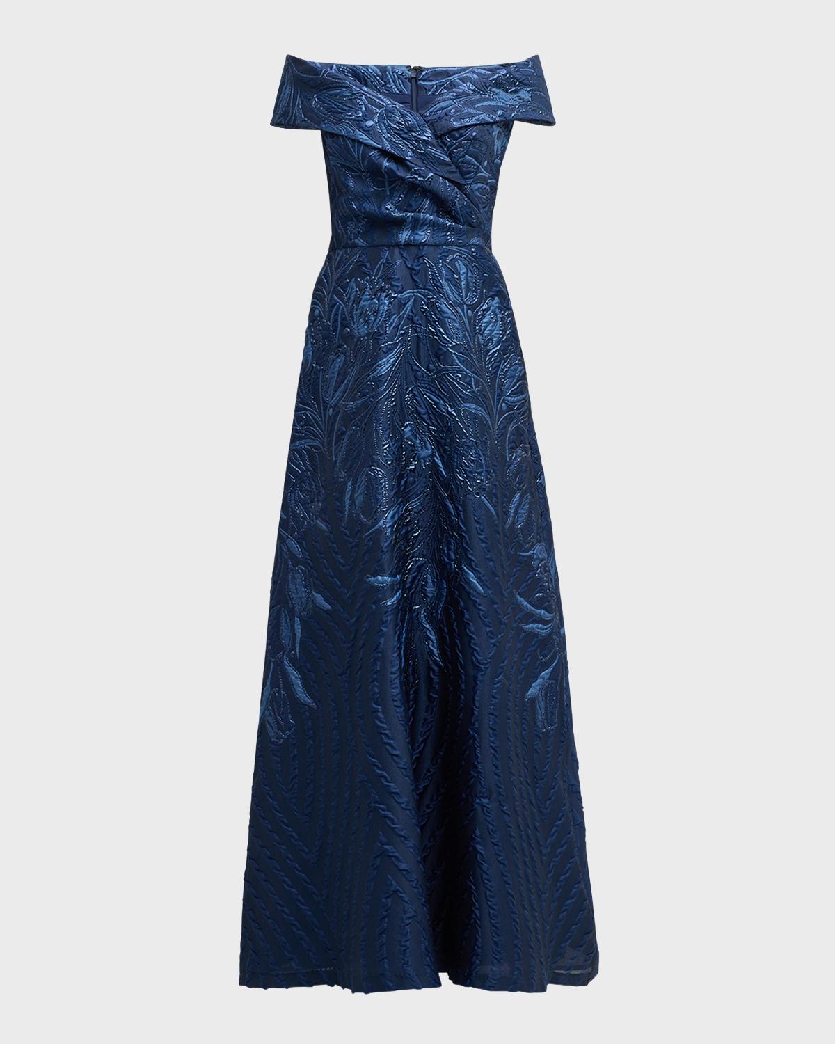 Rickie Freeman for Teri Jon Off-Shoulder Metallic Jacquard Gown