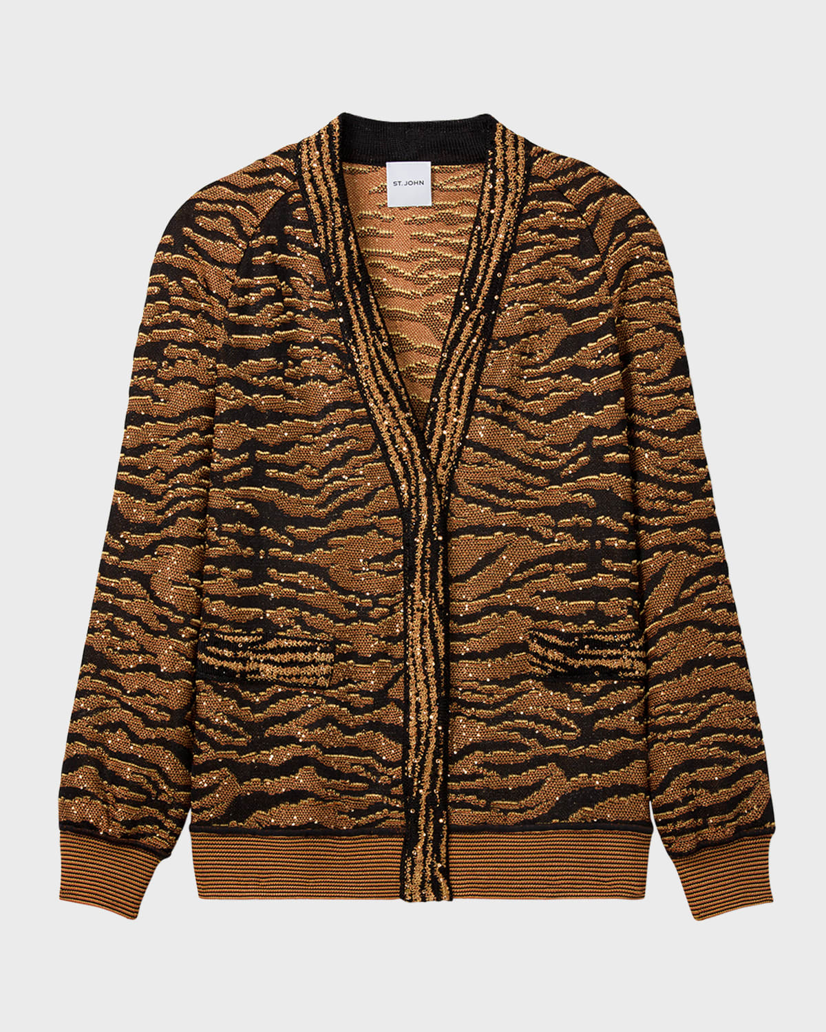 St. John Metallic Tiger Sequin Jacquard Knit V-Neck Cardigan