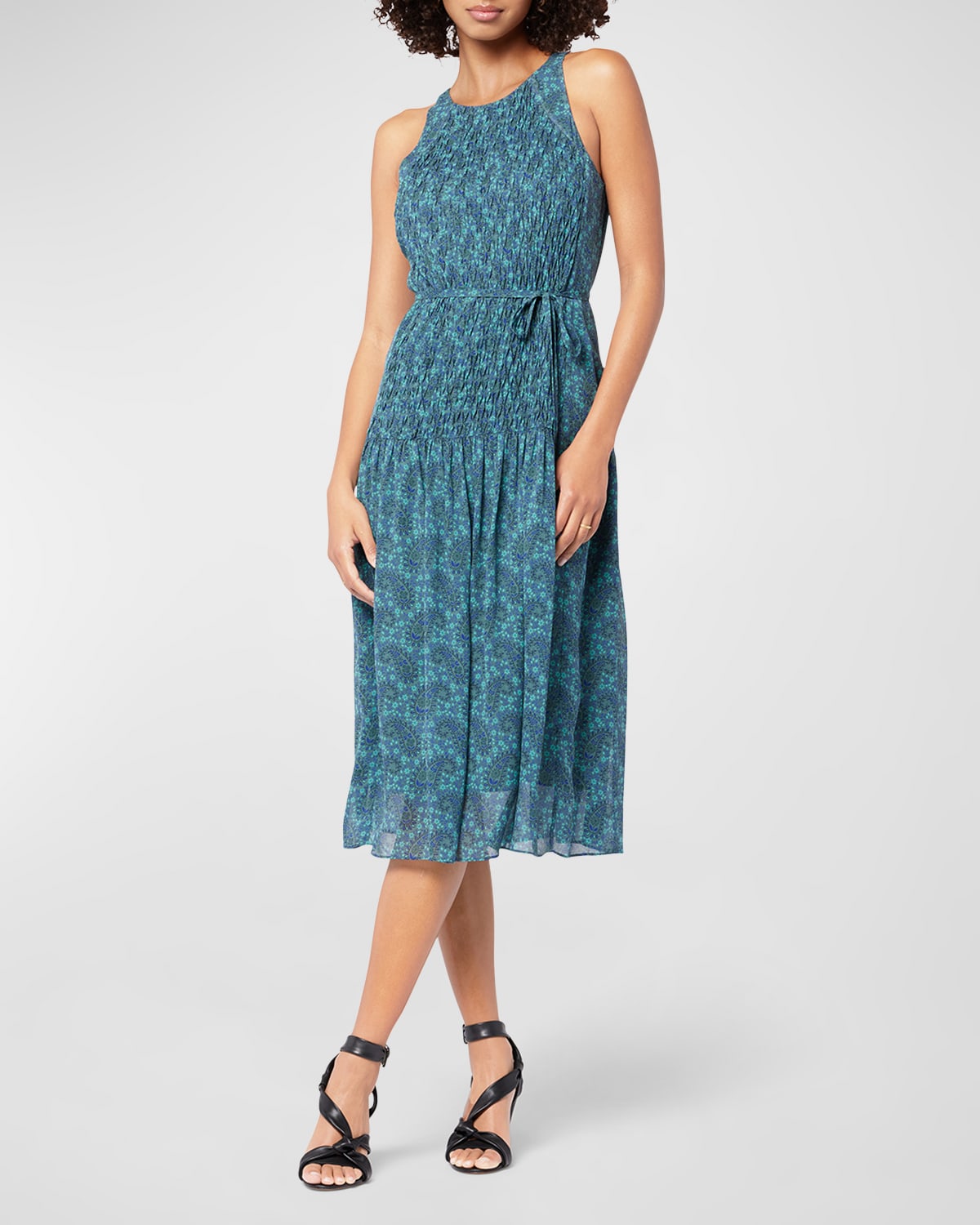 Joie Smocked Floral-Print Midi Dress