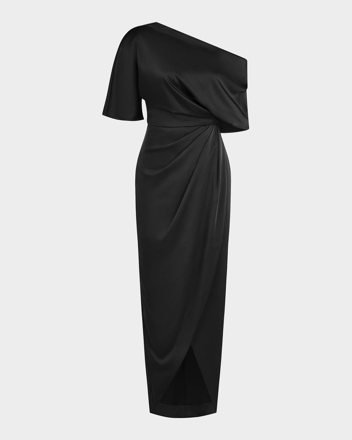 Theia Rayna Draped One-Shoulder High-Low Gown