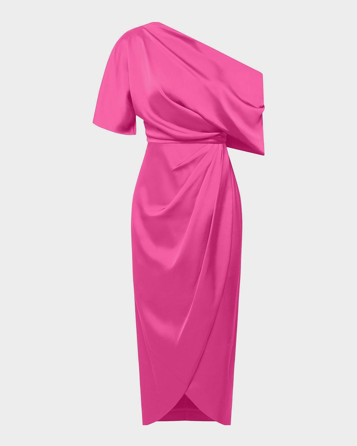 Theia Rayna Draped One-Shoulder High-Low Gown