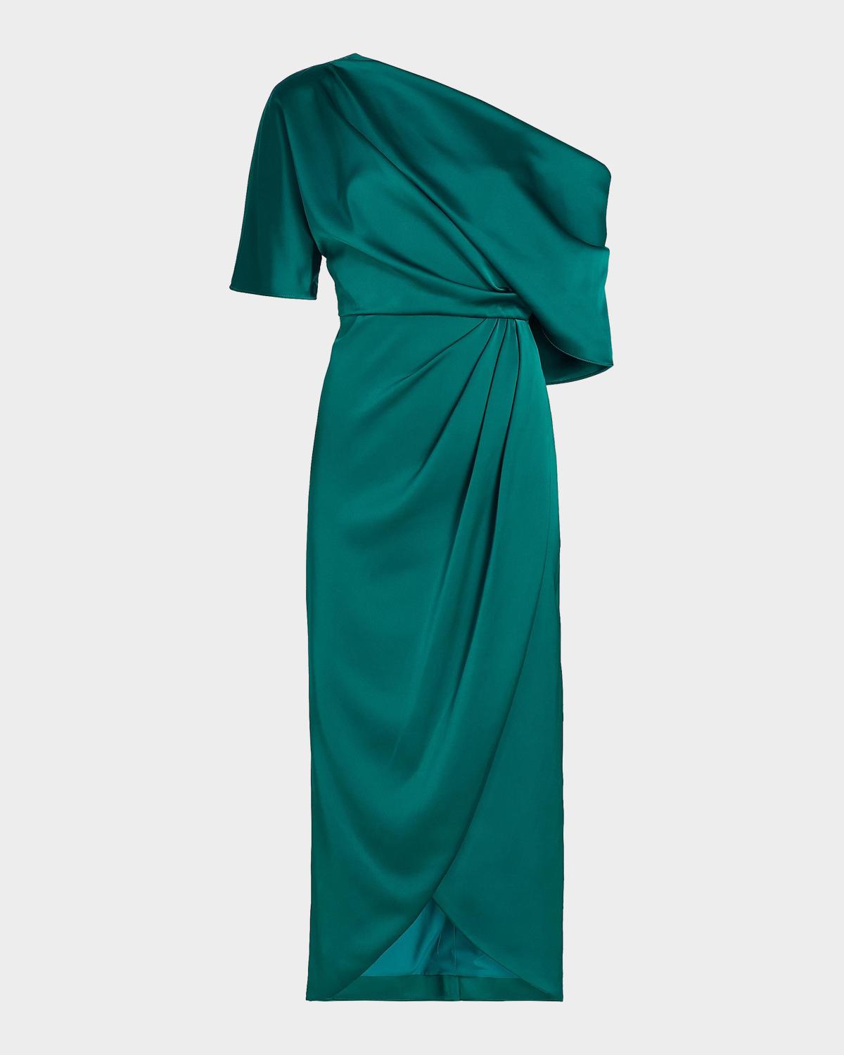 Theia Rayna Draped One-Shoulder High-Low Gown
