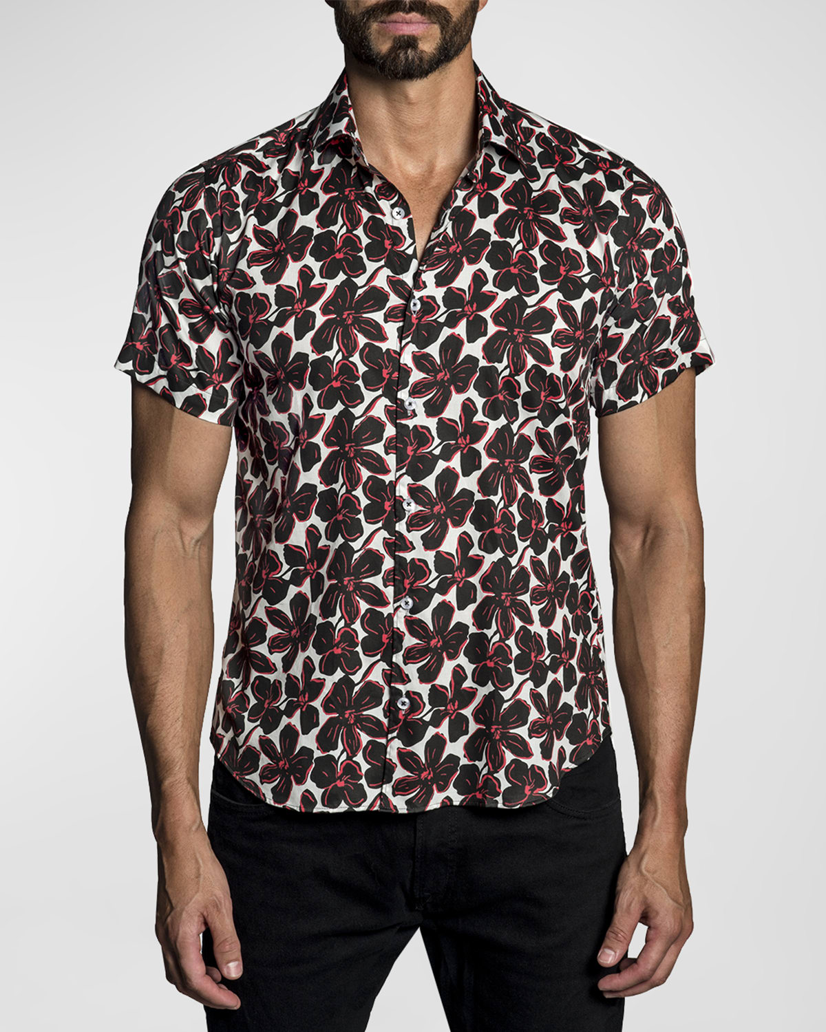 BOSS - Mercerised-cotton short-sleeved T-shirt with floral jacquard