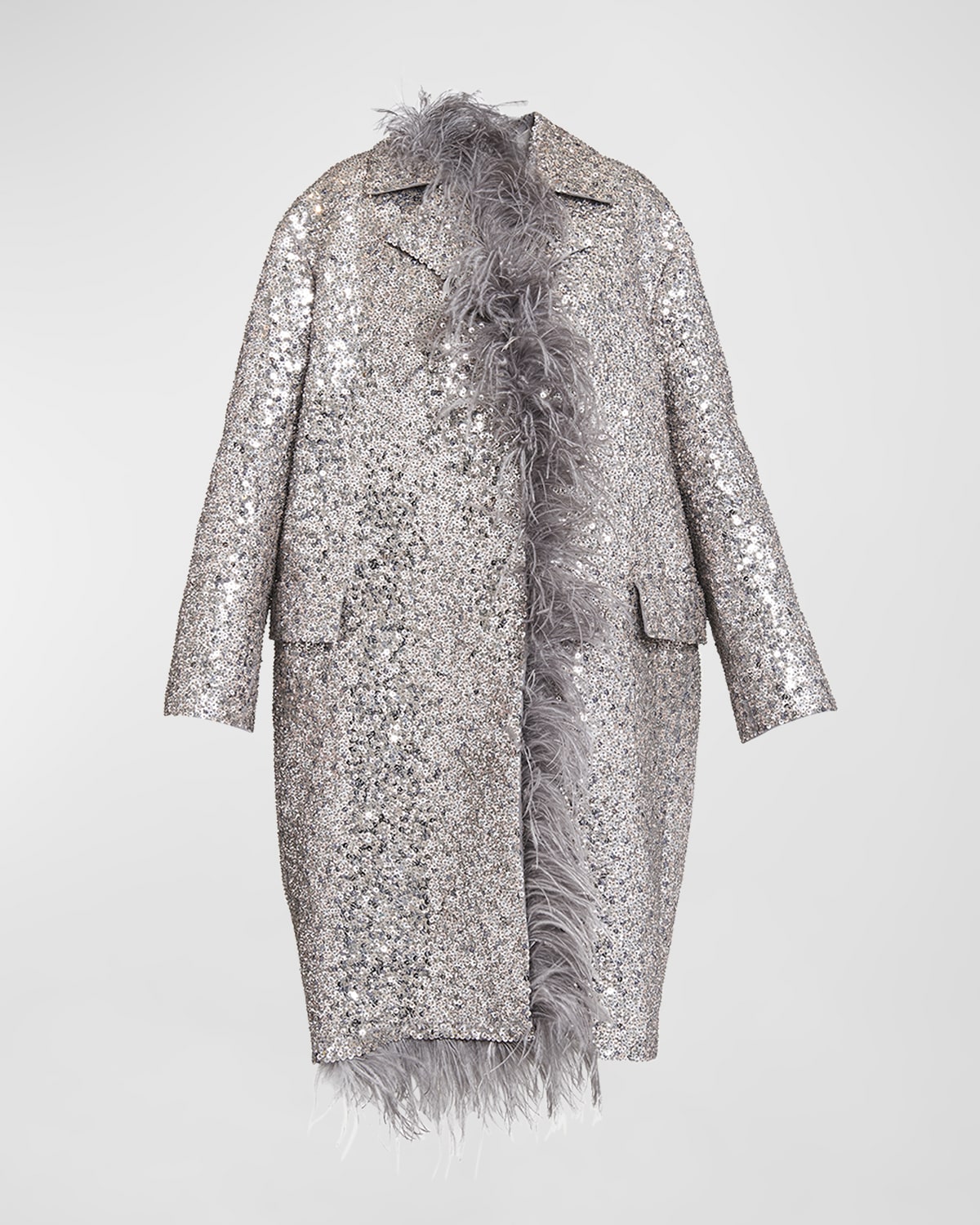 Valentino Garavani Sequin Embroidered Long Coat with Feather Trim