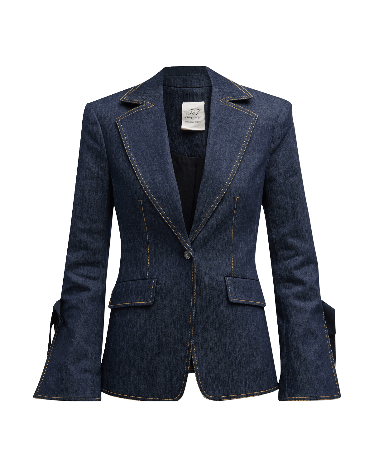 Cinq a Sept Lou Tie-Cuff Topstitched Denim Blazer