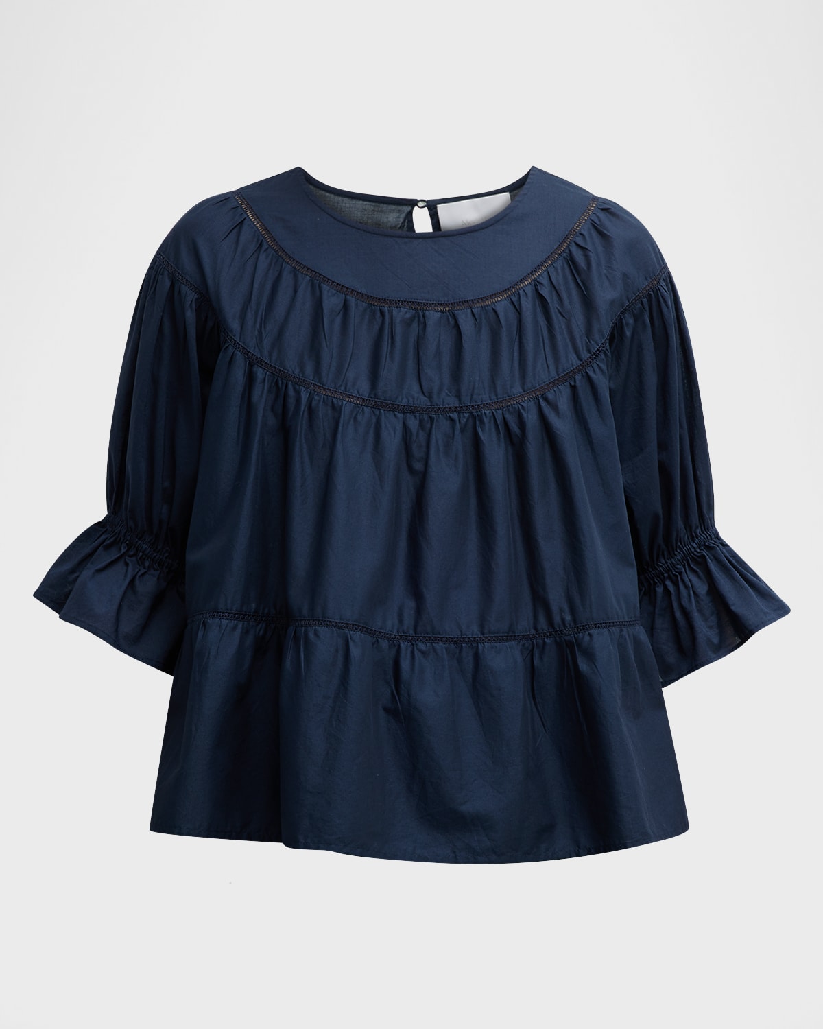 Merlette Sol Tiered Lace-Inset Blouson-Sleeve Top