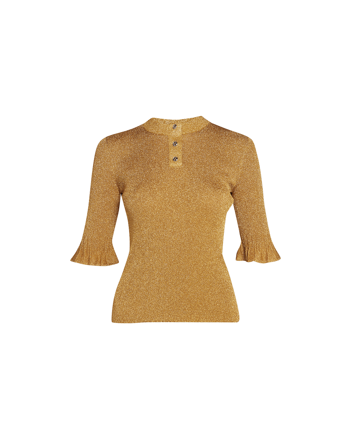 Bottega Veneta Metallic Rib Ruffle-Cuff Henley Shirt