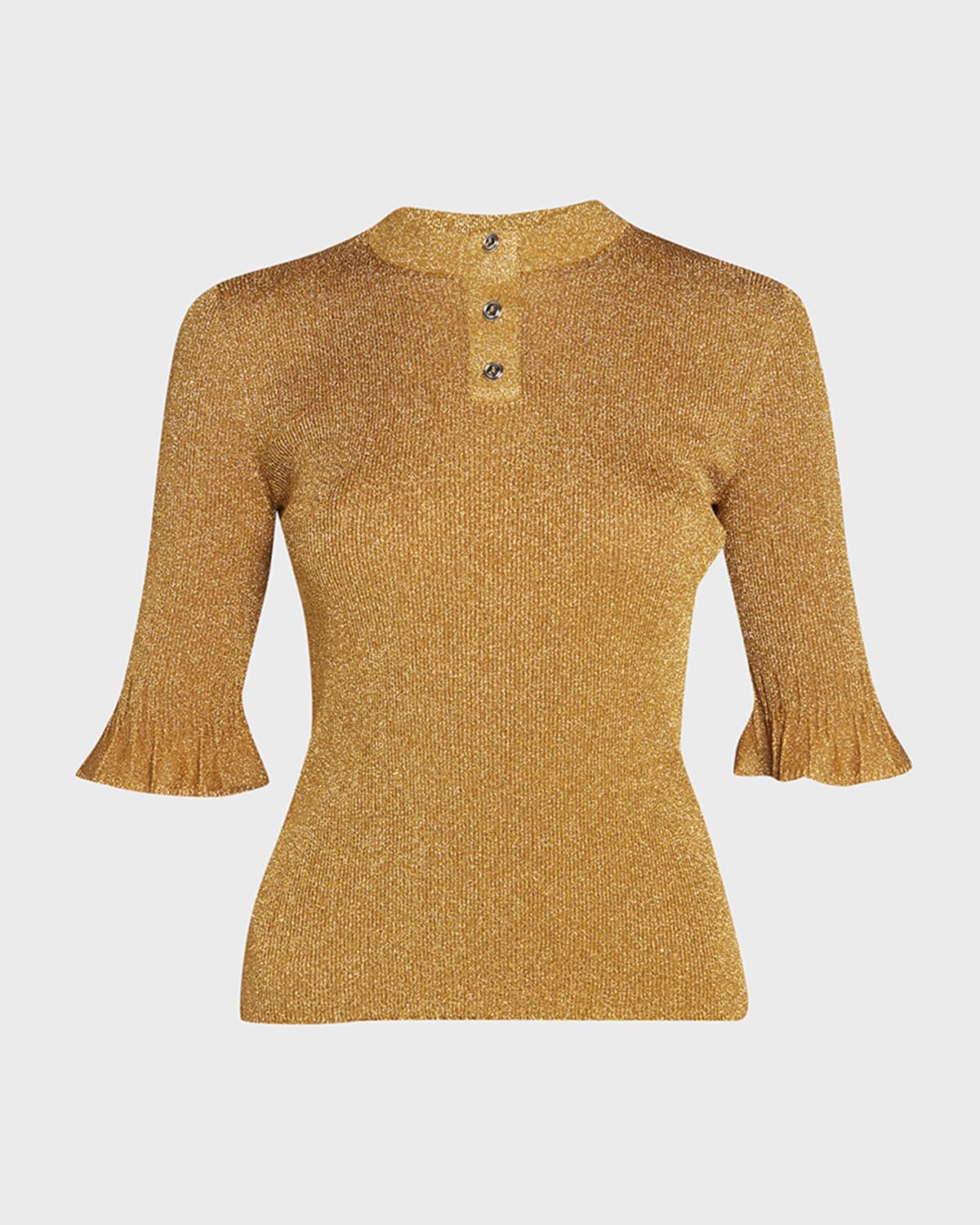 Bottega Veneta Metallic Rib Ruffle-Cuff Henley Shirt