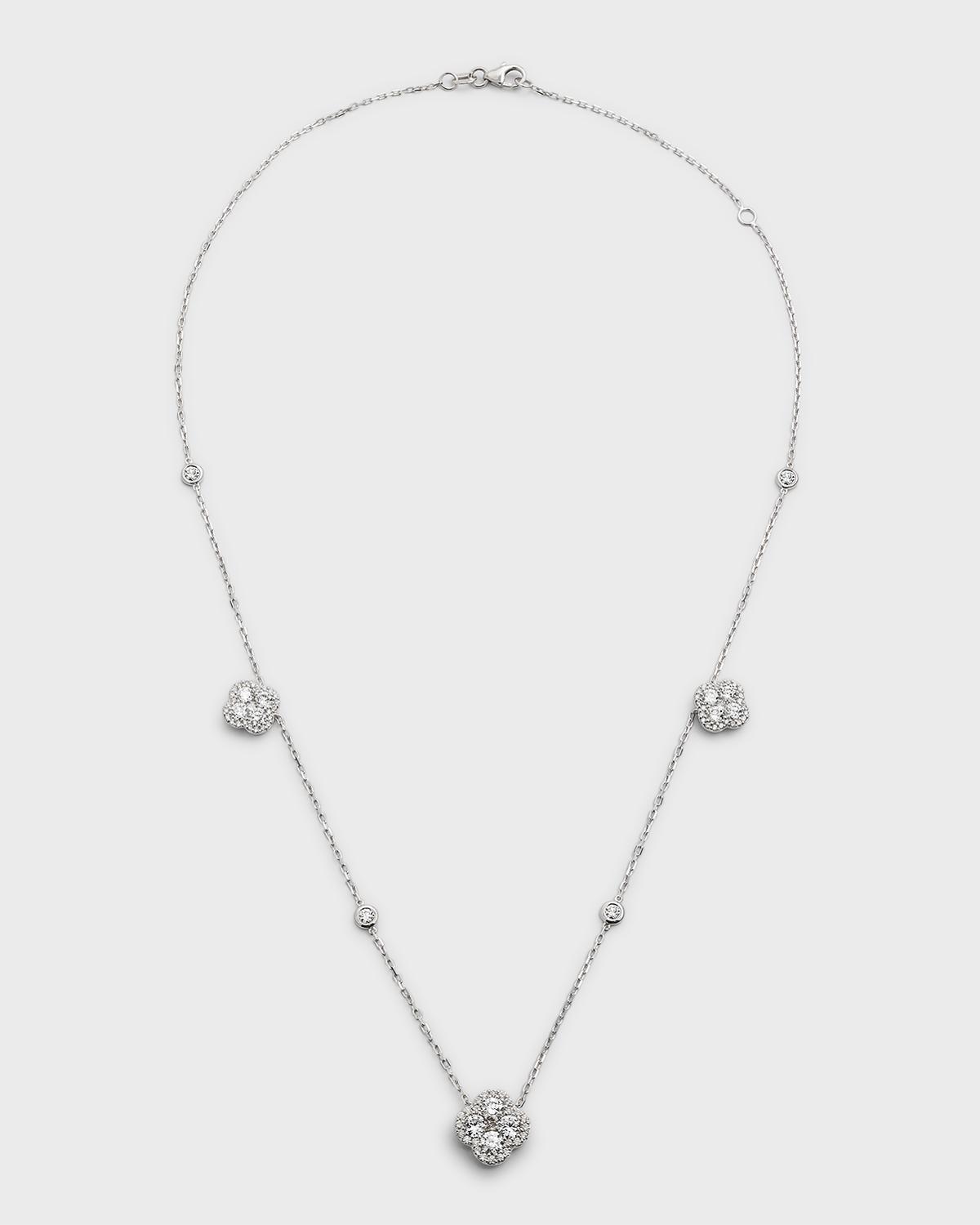 18K White Gold Diamond Flower Station Necklace, 18"L, 3.00tcw