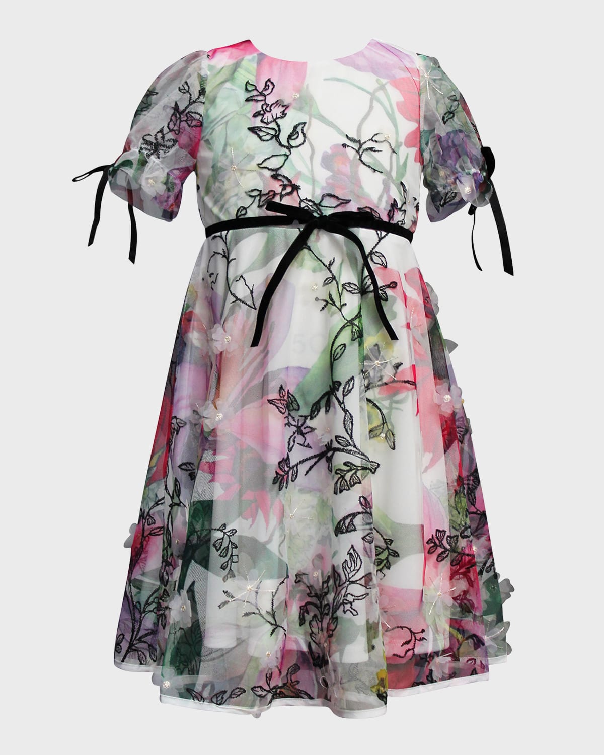 Marchesa Notte Mini Girl's Puff Sleeve 3D Embroidered Baby Doll Dress, Size 2-8