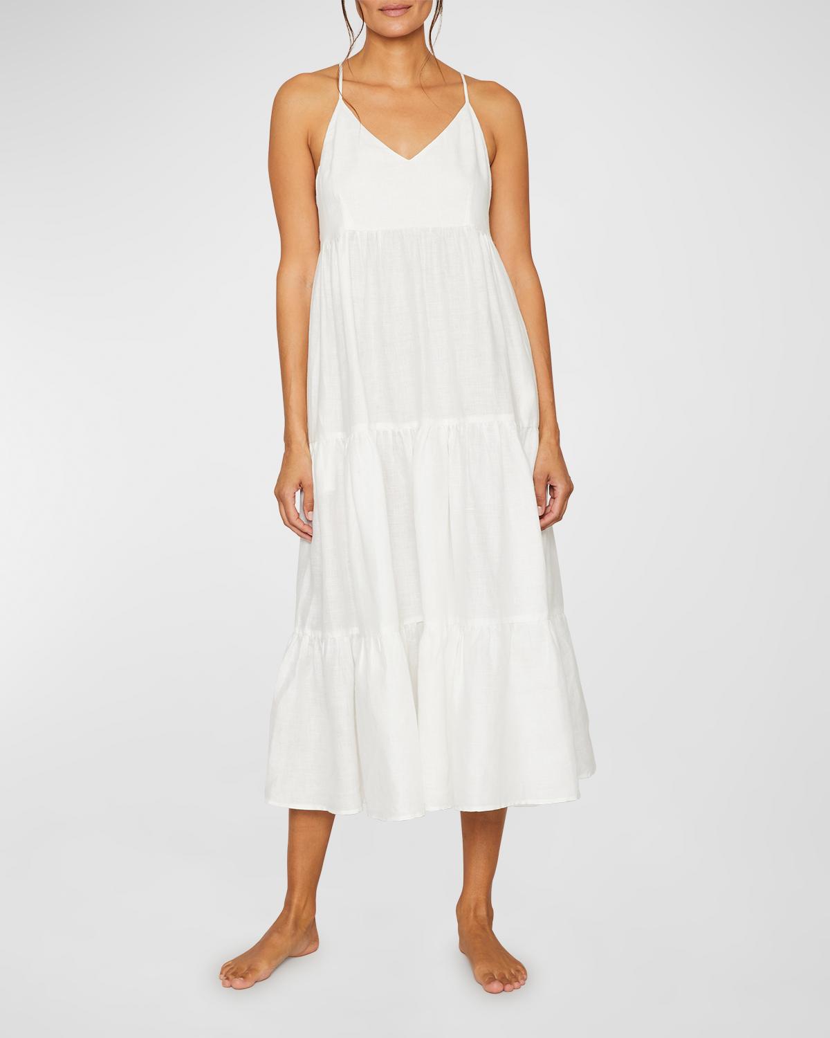 Pour Les Femmes Claudia Sleeveless Tiered Linen Midi Dress