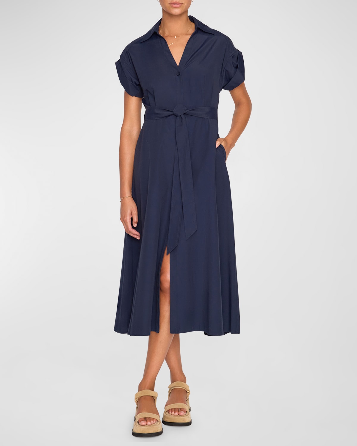 Brochu Walker Fia Belted Short-Sleeve Poplin Midi Shirtdress