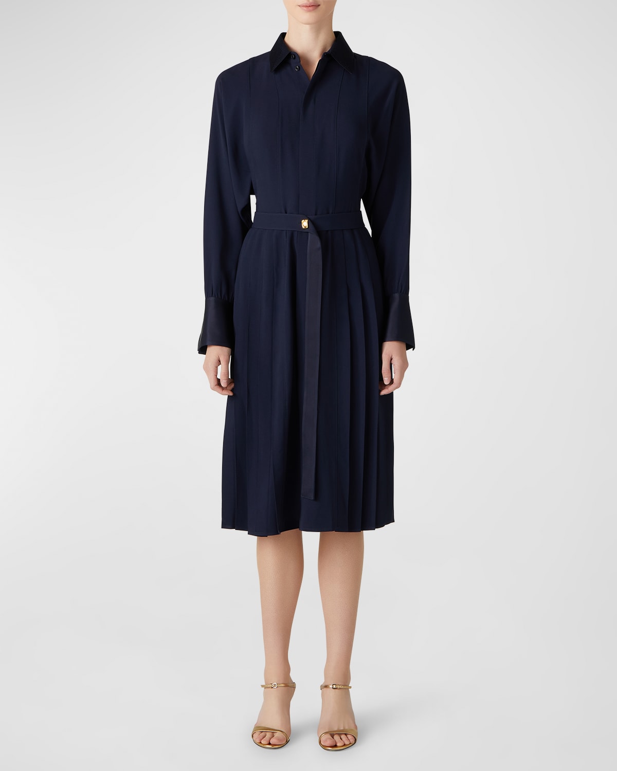 St. John Satin-Back Pleated Crepe Midi Shirtdress With Belt