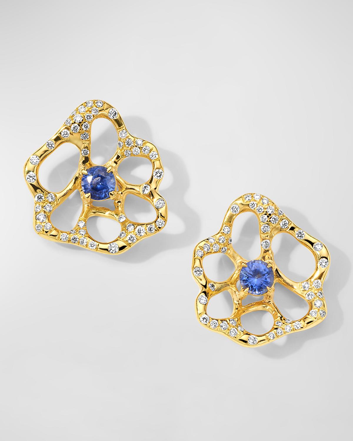 18K Stardust Drizzle Small Flower Stud Earrings with Blue Sapphire and Diamonds