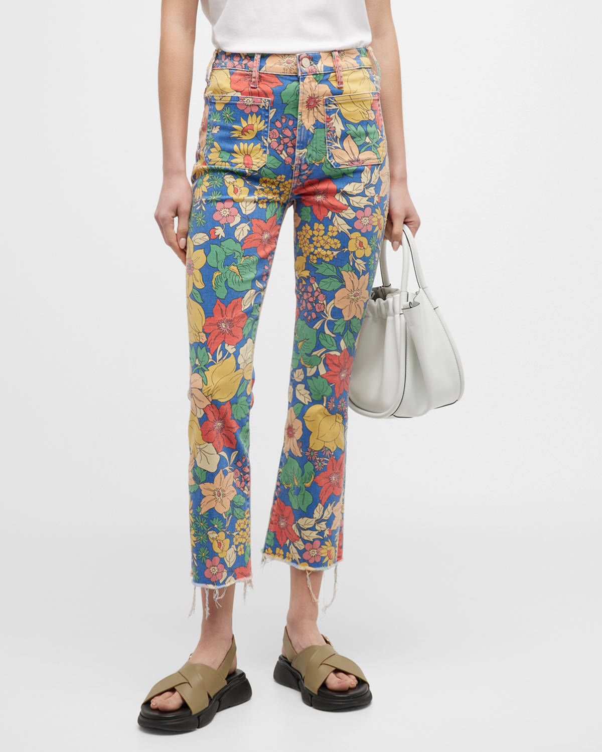 Floral Print-Trimmed Straight Jeans