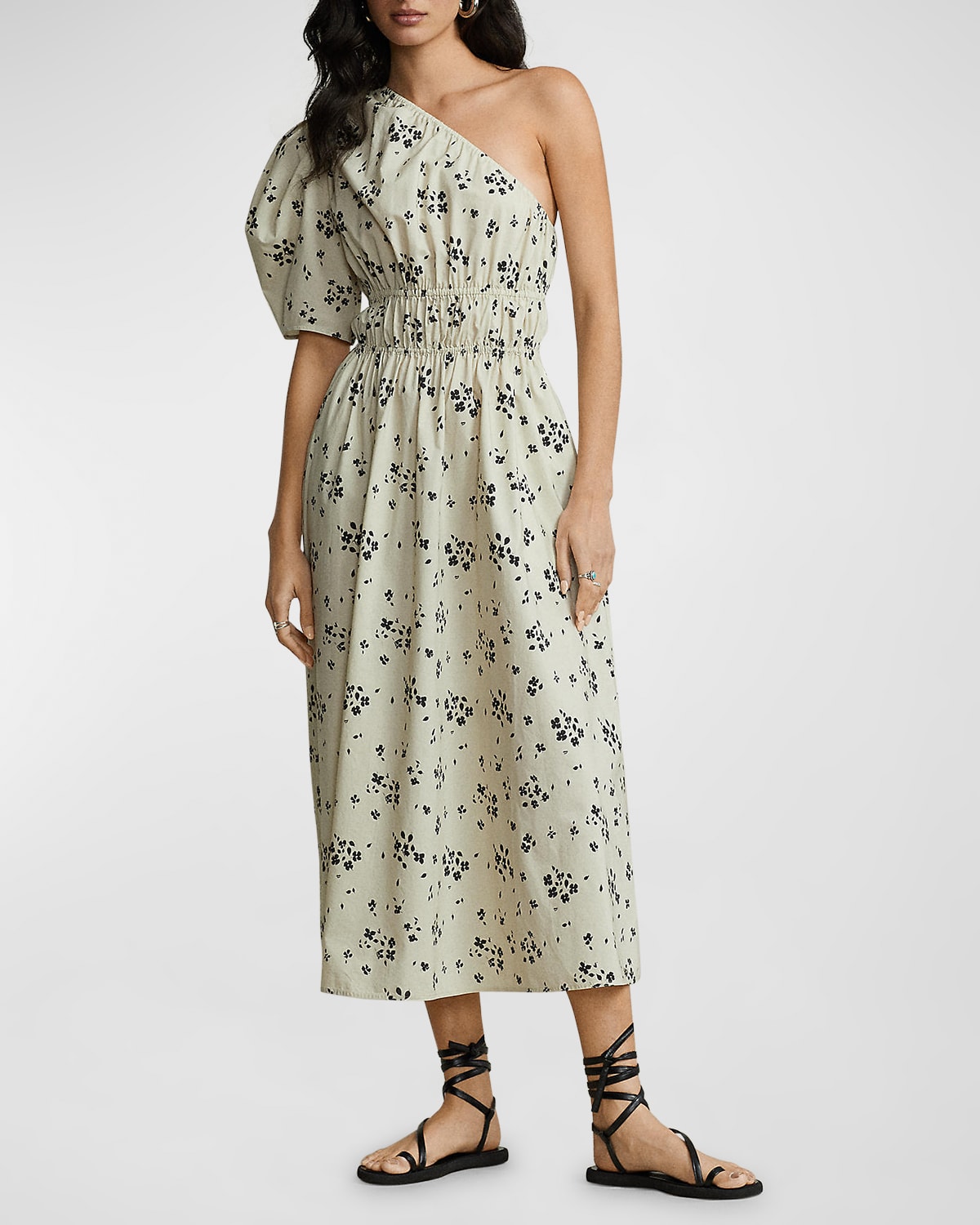 Polo Ralph Lauren Floral Asymmetric Shirred Poplin Midi Dress