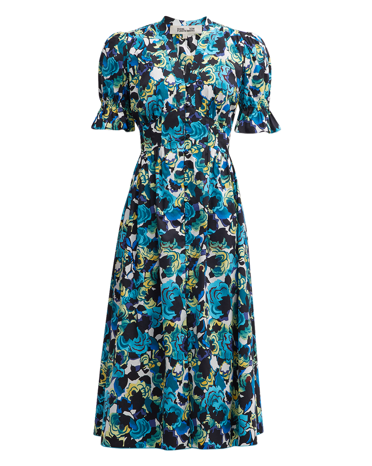 PAIGE Paradise Floral Ruffle A-Line Midi Dress | Neiman Marcus