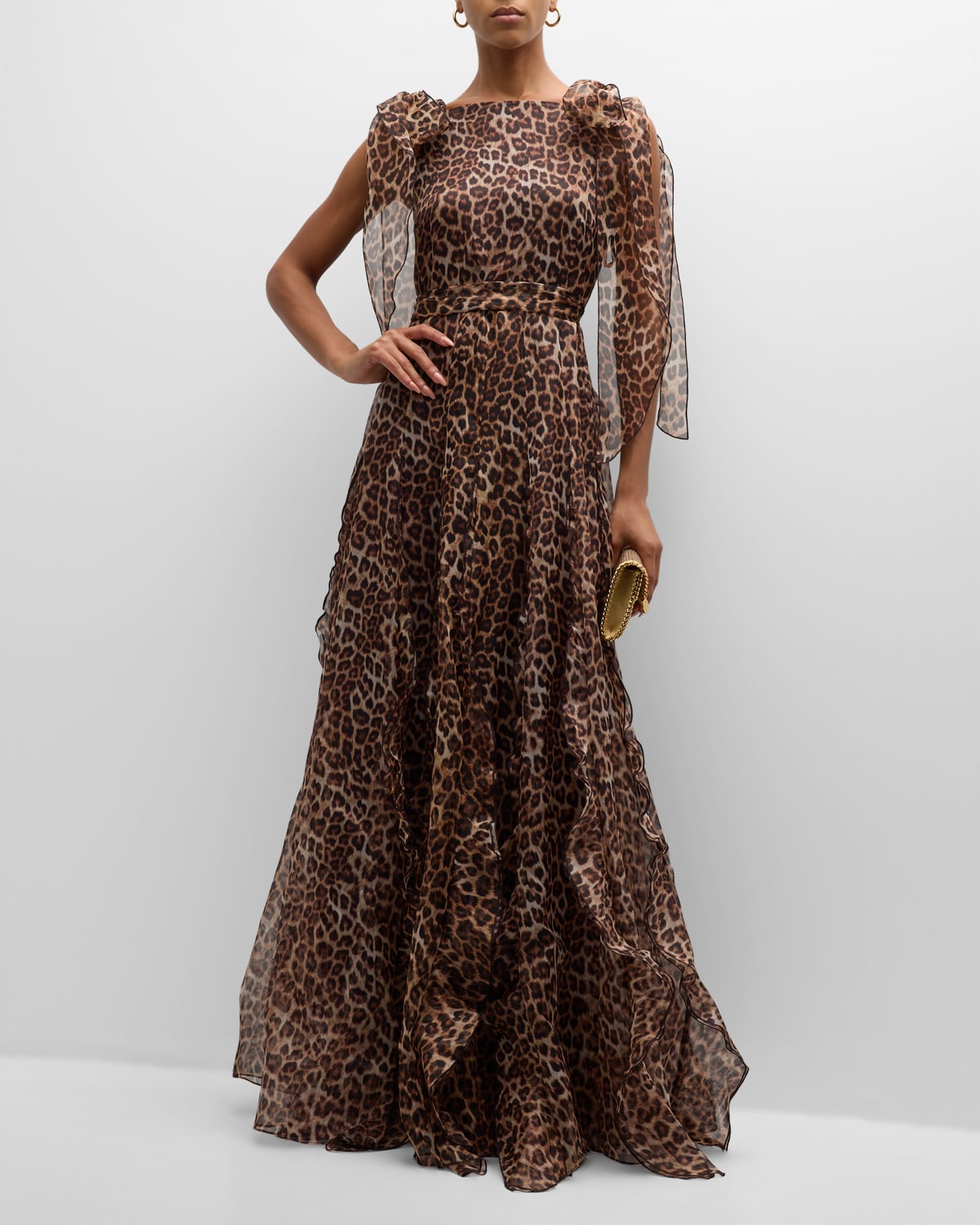 Maison Common Cheetah Print Silk Belted Gown with Shoulder Ties