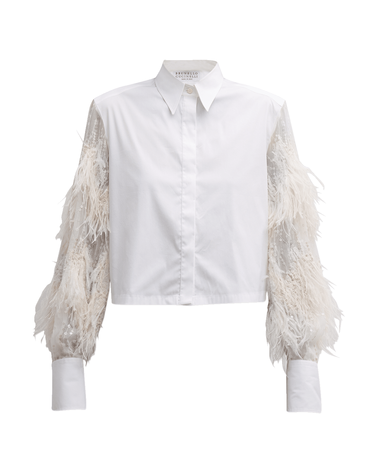 Brunello Cucinelli Button-Front Cotton Shirt with Ostrich Feather Sleeves