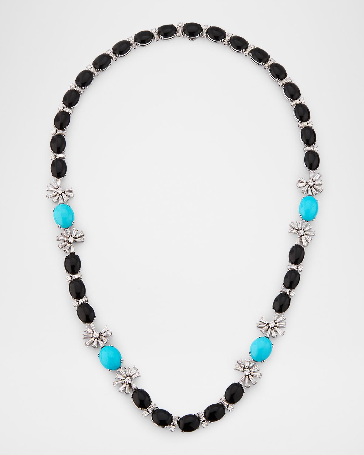 18K White Gold Necklace with Diamonds, Turquoise and Onyx